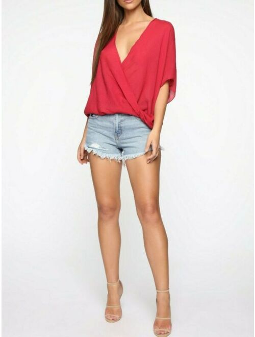Oversized Short Sleeves Surplice Deep V Neck Basic Comfy Casual Red Top Small S