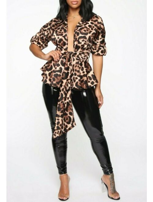 Rolled Cuff Tie Front Animal Print Deep V Neck Leopard Classy Top Extra Small XS