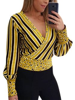 Women's Plus Size Long Sleeve Shirts Deep V Neck Striped Blouse Cropped Tops