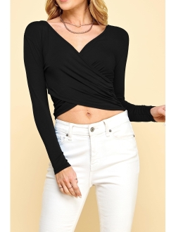 Lock and Love Women's Premium Short/Long Sleeve Deep V Neck Slim fit Cross Wrap Crop top Shirt-Made in USA
