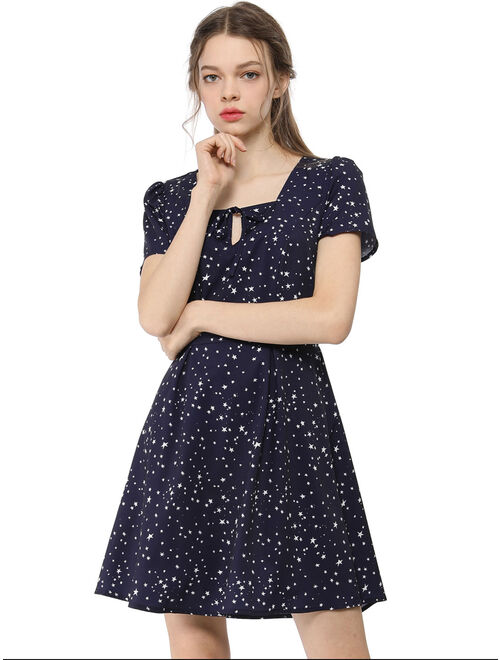 Women's Star Print Square Neck Short Sleeve A-Line Dress