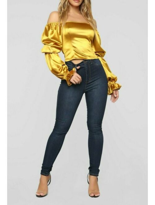 Satin Classy Square Neck Bubble Long Sleeves Yellow Mustard Top Extra Small XS