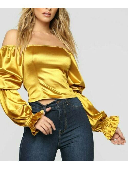 Satin Classy Square Neck Bubble Long Sleeves Yellow Mustard Top Extra Small XS