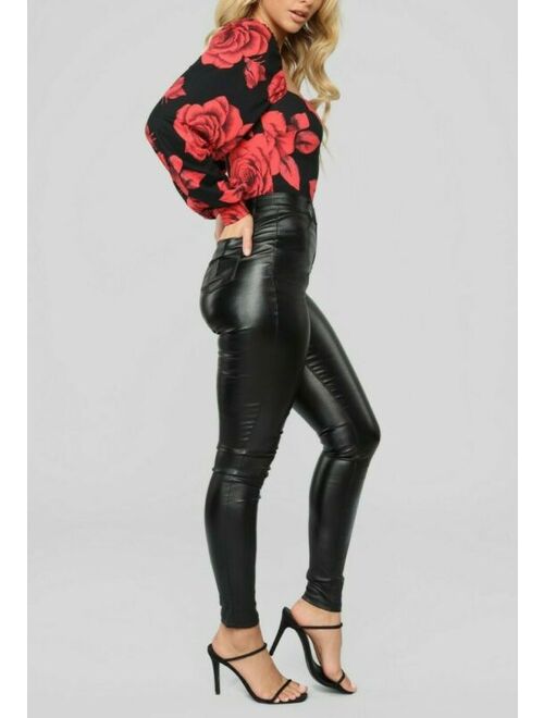 Square Neck Long Sleeve Cropped Floral Red Black Classy Crop Top Extra Small XS
