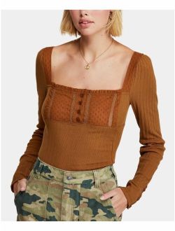 $68 Womens New 0116 Brown Long Sleeve Square Neck Casual Top M B B