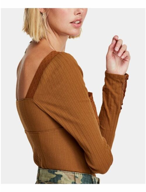 FREE PEOPLE $68 Womens New 0116 Brown Long Sleeve Square Neck Casual Top M B+B