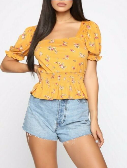 Square Neck Stretchy Yellow Floral Print Soft Fabric Casual Cute Top Medium M