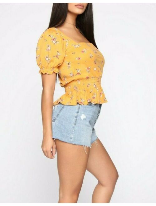 Square Neck Stretchy Yellow Floral Print Soft Fabric Casual Cute Top Medium M
