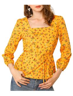 Women's Floral Print Top Square Neck Long Sleeves Tie Waist Blouse XL Yellow
