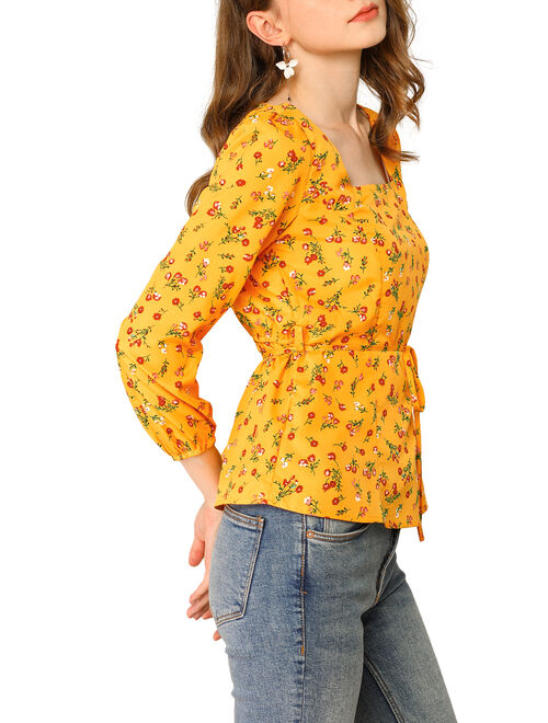 Allegra K Women's Floral Print Top Square Neck Long Sleeves Tie Waist Blouse XL Yellow