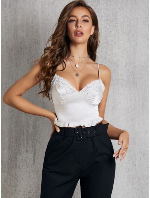 Shein SBetro Shirred Back Lace Detail Frill Hem Cami Top