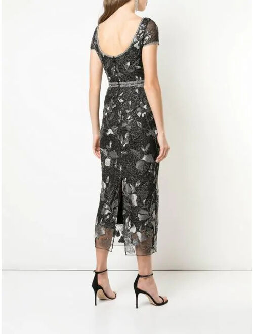 NWT Marchesa Notte Gunmetal Short Sleeve Floral Metallic Midi Dress