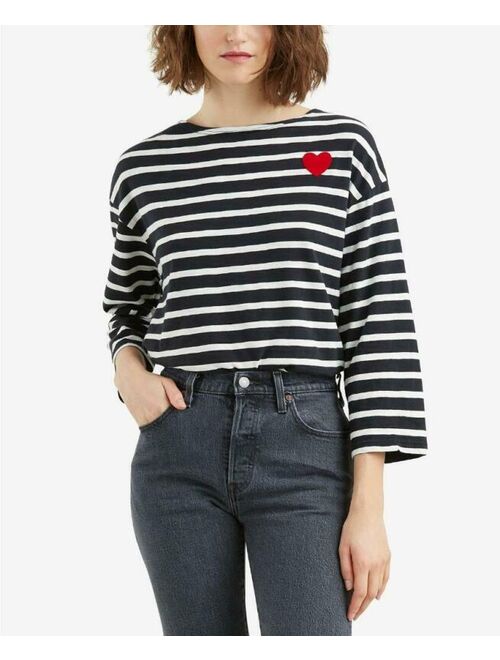 Levi's Women's Boat Neck 3/4 Sleeve Striped Heart T-Shirt / Top Size L MSRP $34