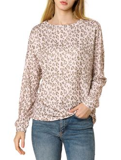 Women's Casual Leopard Print Drop Shoulder Boat Neck Long Sleeve Knit Pullover Top Pink (Size S / 6)