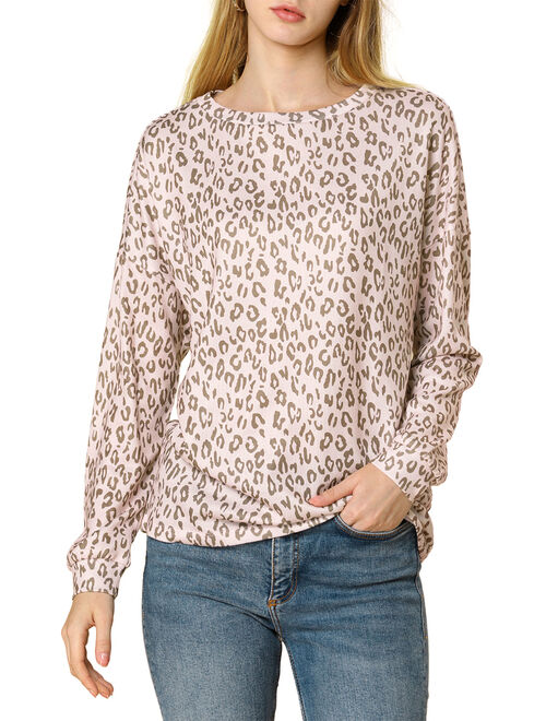 Allegra K Women's Casual Leopard Print Drop Shoulder Boat Neck Long Sleeve Knit Pullover Top Pink (Size S / 6)