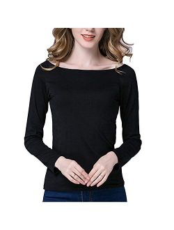 Tulucky Women Long Sleeve Casual Tee Shirts Bateau-Neck Top