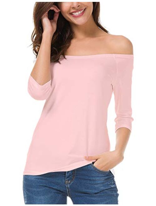 LUSMAY Womens Off Shoulder Top Half Sleeve Cotton Boat Neck Tee Shirt