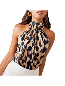 marris Women Fashion Halter Neck Sleeveless Leopard Chiffon Top Blouses