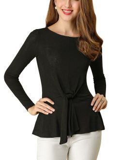 Women's Tie Front Boat Neck Long Sleeve Stretchy Top Black (Size M / 10)