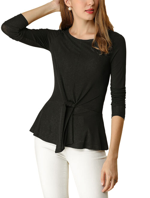Allegra K Women's Tie Front Boat Neck Long Sleeve Stretchy Top Black (Size M / 10)