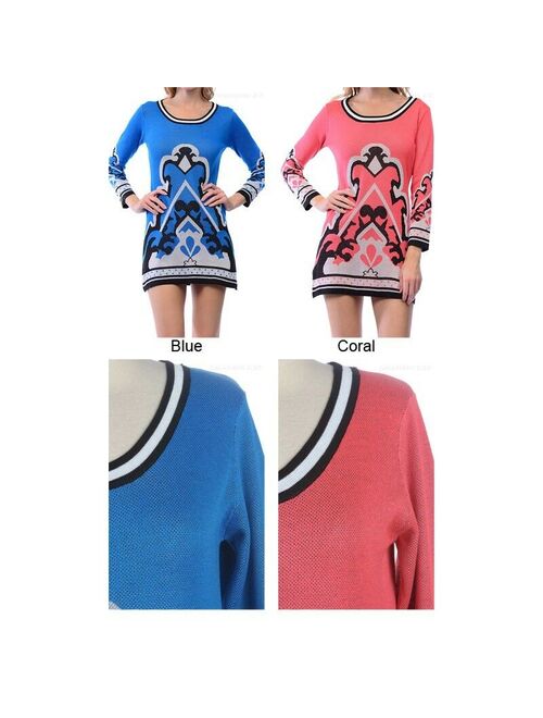 Women's Long Sleeve Scoop Neck Printed Knit Tunic Dress Casual S M L