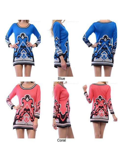 Women's Long Sleeve Scoop Neck Printed Knit Tunic Dress Casual S M L