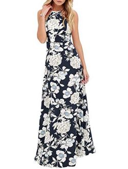 Romacci Women's Sleeveless Halter Neck Maxi Dress Vintage Floral Print Backless Beach Long Dresses S-5XL