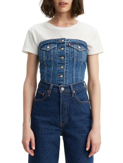 NWT LEVI'S Women Lace Up Strapless Denim Jean Corset Button Up Crop Top Small S