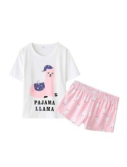 YIJIU Women Short Sleeve Tee and Shorts Pajama Set Cute Alpaca Print Sleepwear