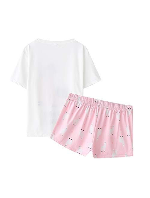 YIJIU Women Short Sleeve Tee and Shorts Pajama Set Cute Alpaca Print Sleepwear