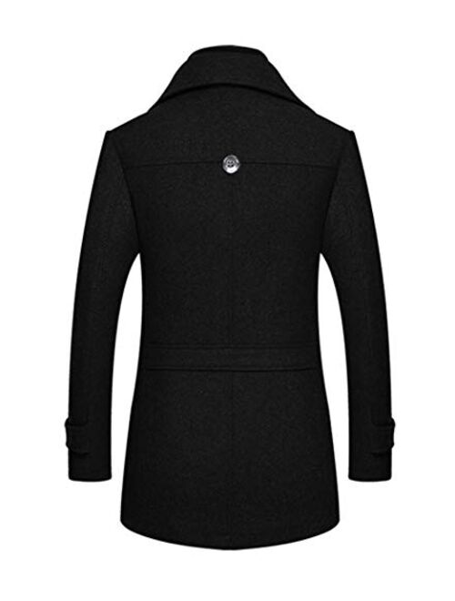 Men's Winter Coat Wool Blend Pea Coat Single Breagsted Slim Fit with Scarf Thicken Liner