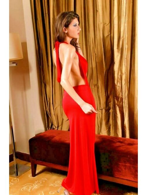 Red Dress Maxi Gown Club Wear Cocktail Evening Cowl Neck Open Back D1329