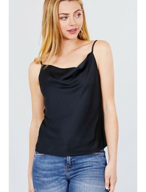 Cowl Neck W/back Open Tie Detail Cami Satin Woven Top"