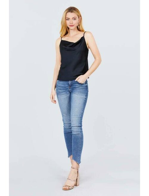 Cowl Neck W/back Open Tie Detail Cami Satin Woven Top"