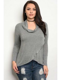 Women Plus Size Gray Stretch Cowl Neck Tulip Front Knit Blouse Sweater Shirt