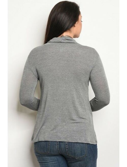 Women Plus Size Gray Stretch Cowl Neck Tulip Front Knit Blouse Sweater Shirt