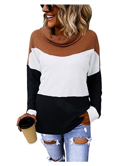 LANISEN Womens Cowl Neck Knit Sweater Casual Long Sleeve Waffle Knit Color Block Loose Knitted Pullover Jumper Tunic Tops
