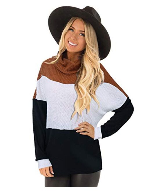 LANISEN Womens Cowl Neck Knit Sweater Casual Long Sleeve Waffle Knit Color Block Loose Knitted Pullover Jumper Tunic Tops