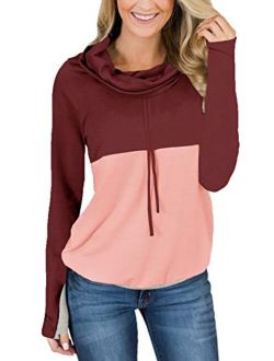 For G and PL Women Cowl Neck Sweatshirts Long Sleeve Color Block Pullover Tops with Drawstring