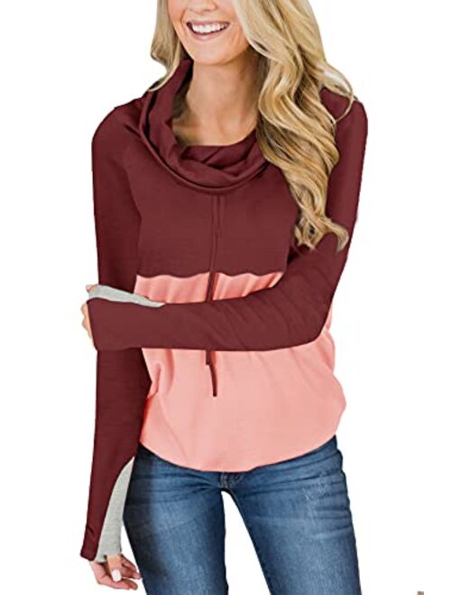 For G and PL Women Cowl Neck Sweatshirts Long Sleeve Color Block Pullover Tops with Drawstring