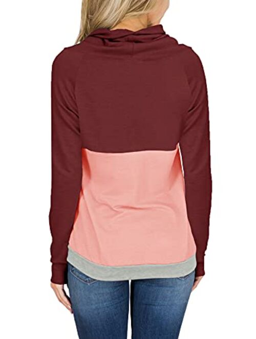 For G and PL Women Cowl Neck Sweatshirts Long Sleeve Color Block Pullover Tops with Drawstring