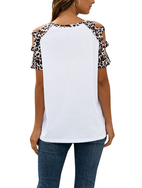 Women's Short Sleeve Cut Out Cold Shoulder Tops T Shirts Summer Top for Women Blouse Loose Casual Cut Out Leopard Print T-Shirt Tops