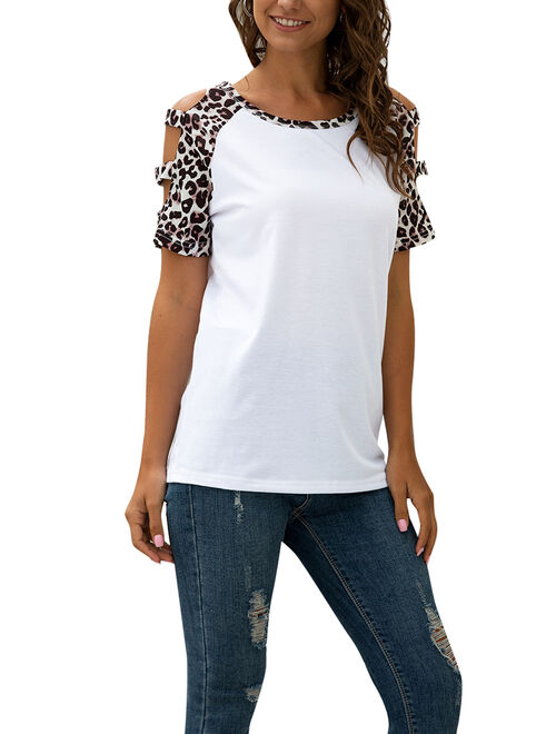 Women's Short Sleeve Cut Out Cold Shoulder Tops T Shirts Summer Top for Women Blouse Loose Casual Cut Out Leopard Print T-Shirt Tops