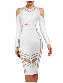 Women's Sexy Cold Shoulder Long Sleeves Night Club Strappy Mesh Bandage Dress
