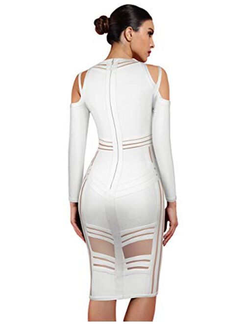 UONBOX Women's Sexy Cold Shoulder Long Sleeves Night Club Strappy Mesh Bandage Dress