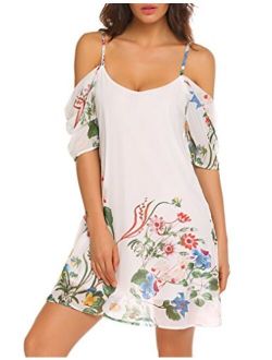 Naggoo Women's Summer Chiffon Floral Printed Cold Shoulder Loose Short Dress