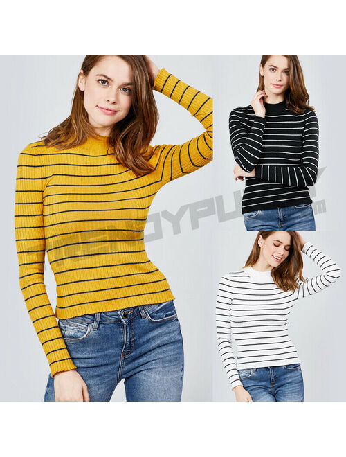 Women VISCOSE Striped Turtle Mock Neck Ribbed Sweater Knit Shirt Top Long Sleeve