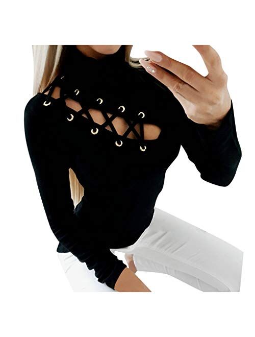 aihihe Women Long Sleeve Slim Tops Hollow Sexy Lace Up Tunic Clubwear Party T Shirt Stretchy Turtleneck Tops Blouses
