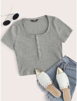 Ribbed Cropped Henley Top