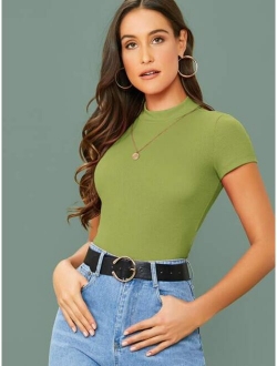 Mock-Neck Rib-knit Fitted Top